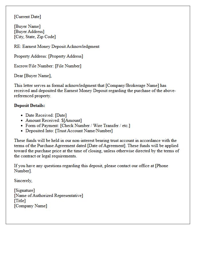 Trust Account Earnest Money Deposit Acknowledgment Letter