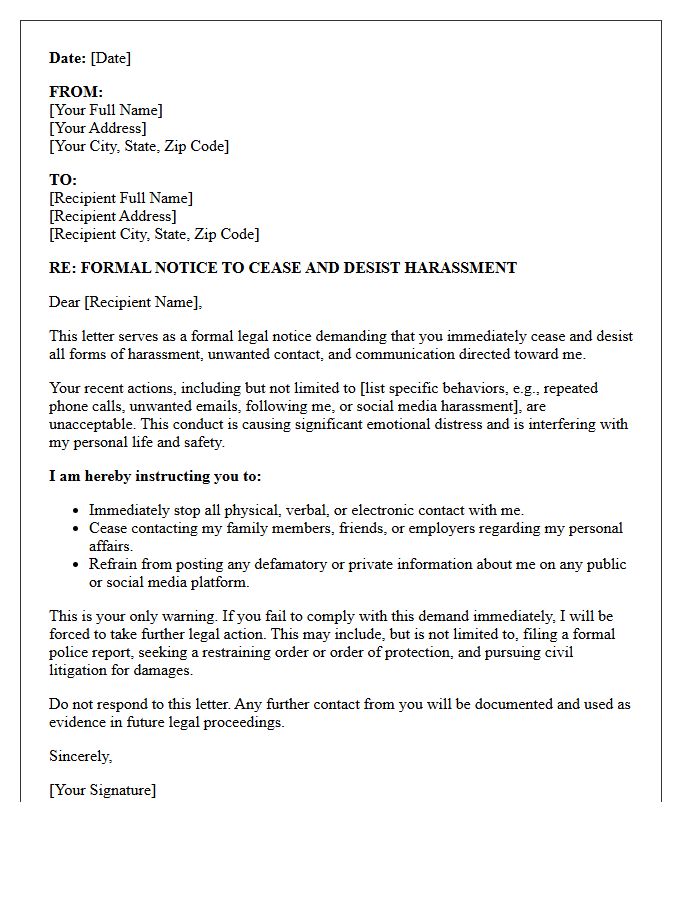 Legal Interdiction Letter Against Personal Harassment