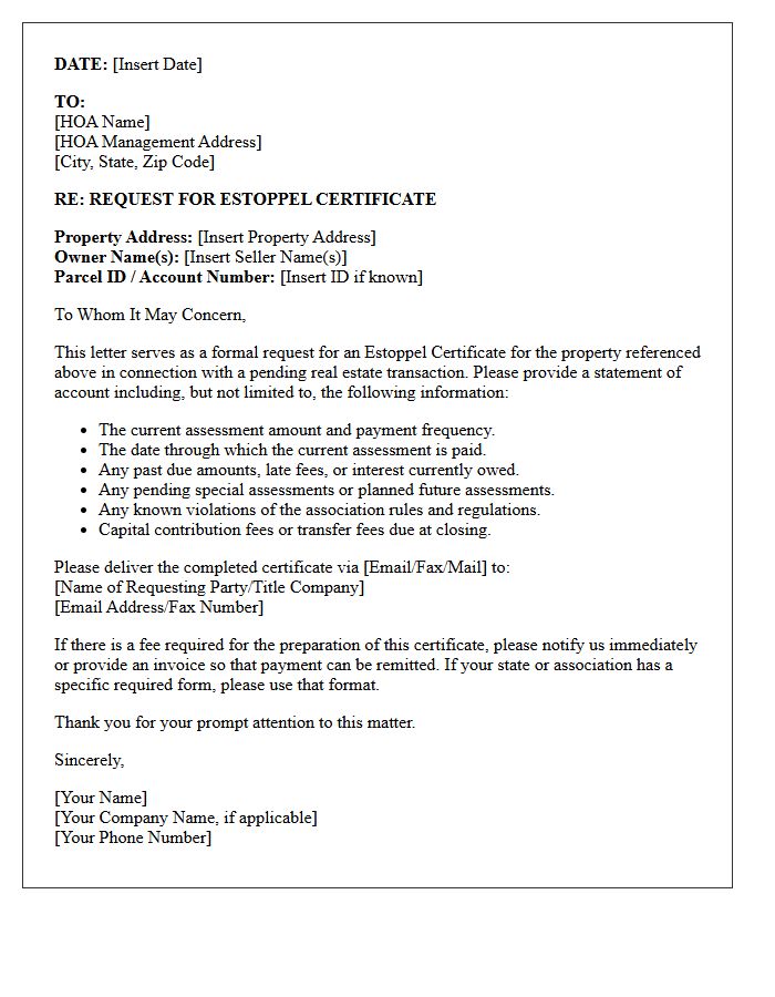 Initial Homeowners Association Estoppel Request Letter