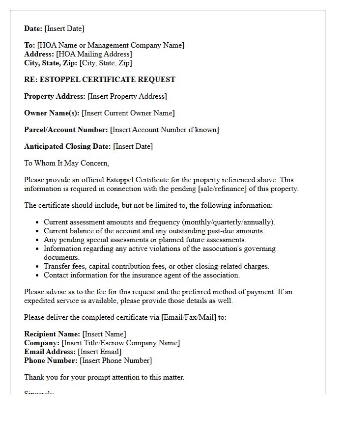 Standard Homeowners Association Estoppel Request Letter