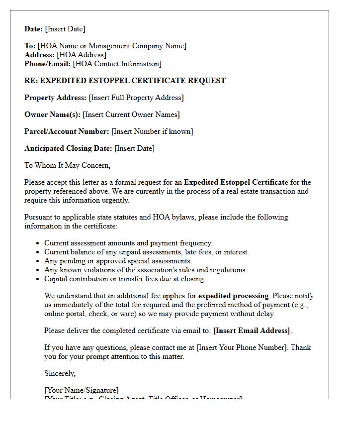 Expedited Homeowners Association Estoppel Request Letter