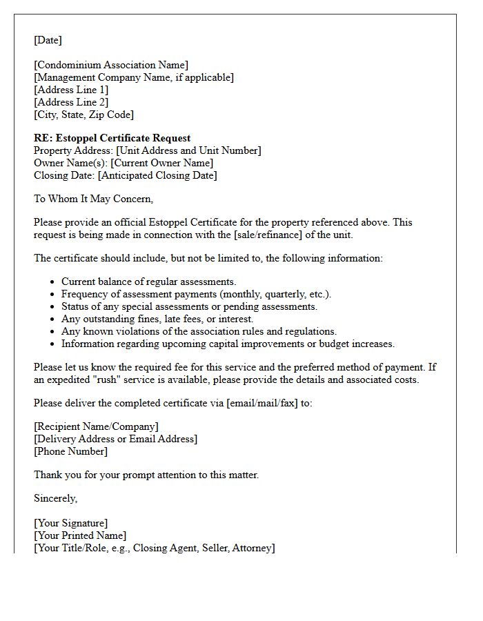 Condominium Association Estoppel Certificate Request Letter