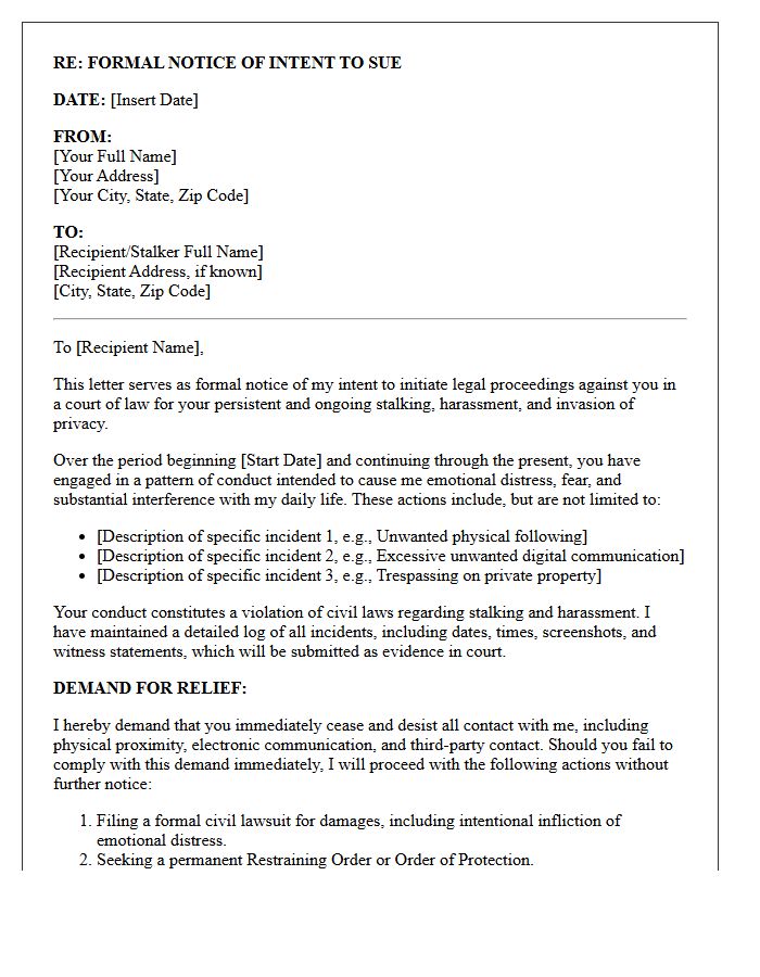 Notice of Intent to Sue Letter for Persistent Stalking