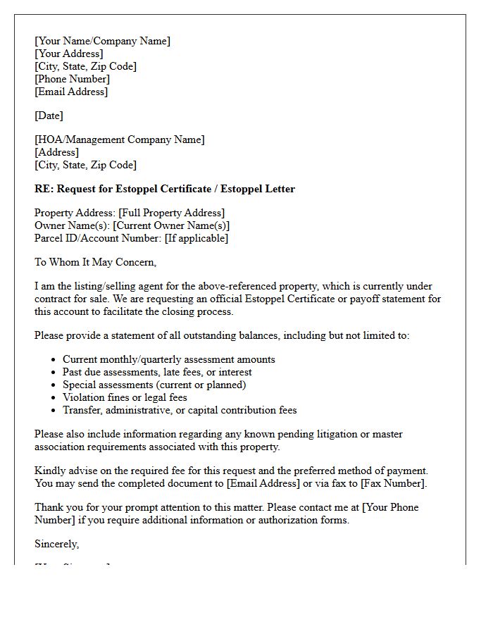 Real Estate Agent Estoppel Information Request Letter