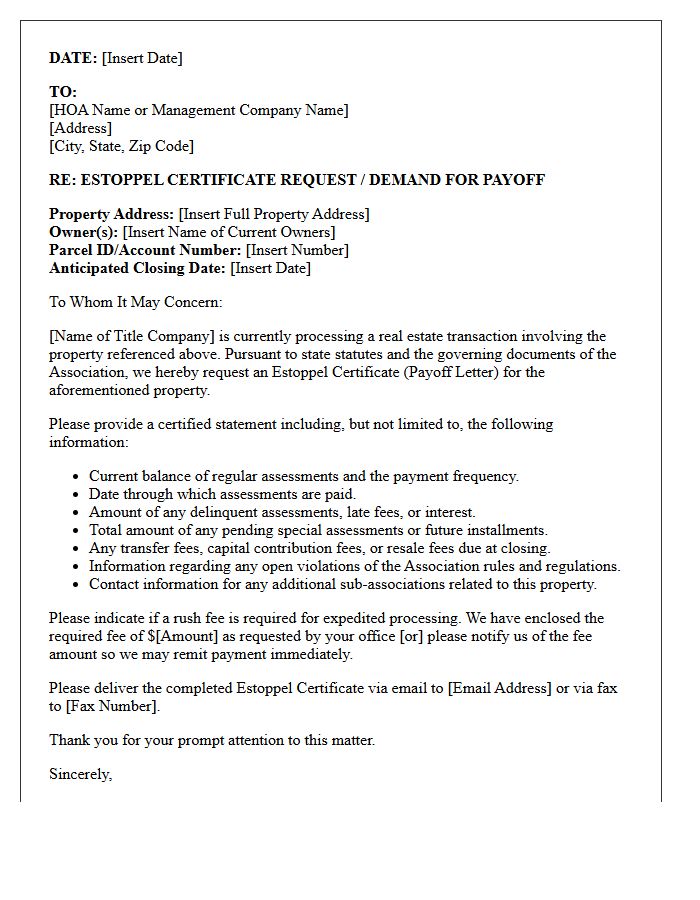 Title Company Homeowners Association Estoppel Demand Letter