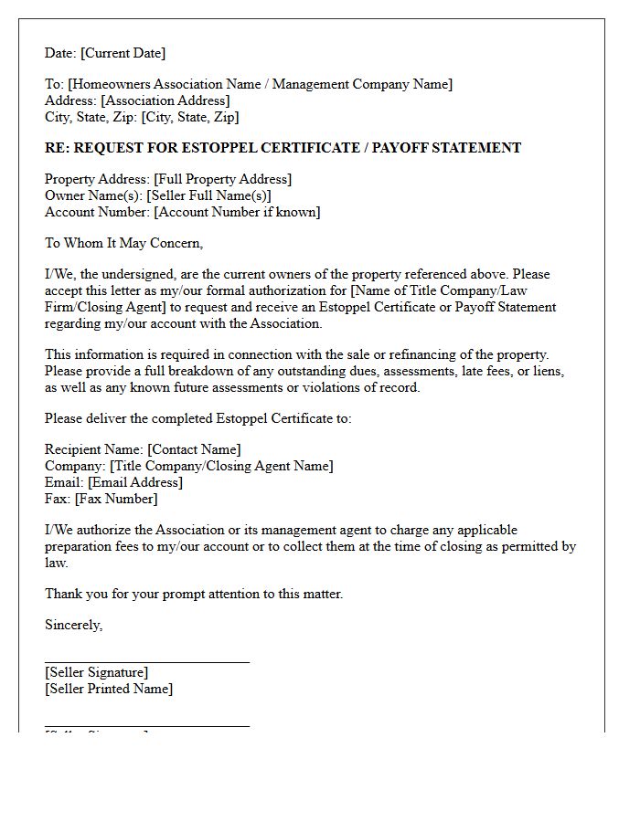 Property Seller Authorization Estoppel Request Letter