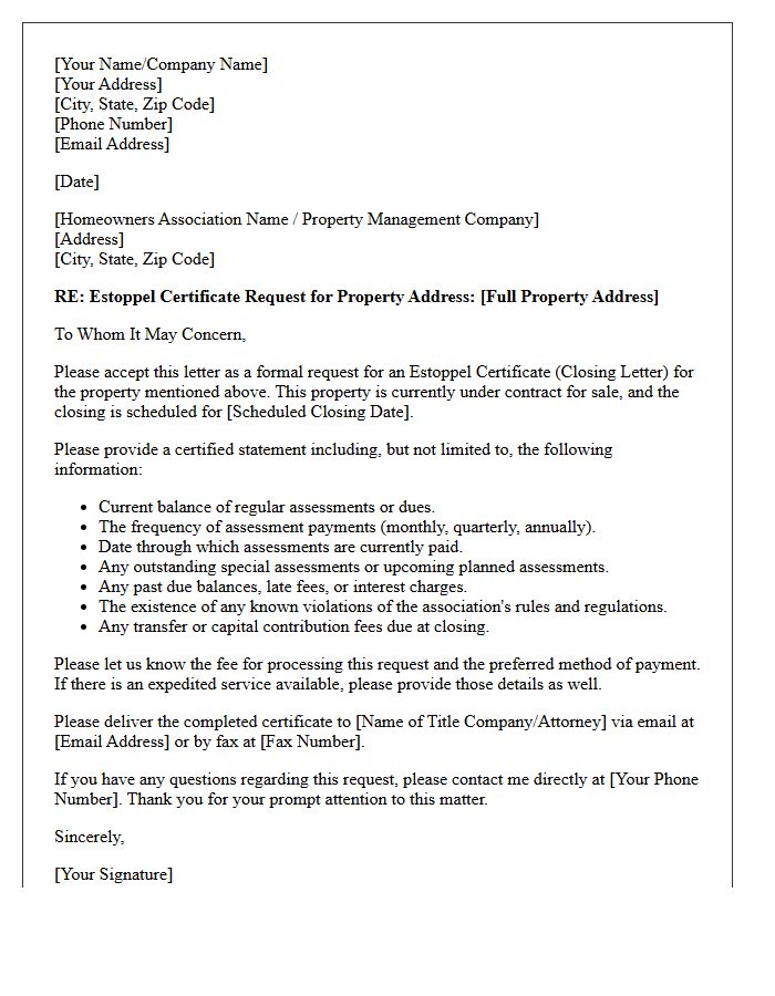 Real Estate Buyer Closing Estoppel Request Letter