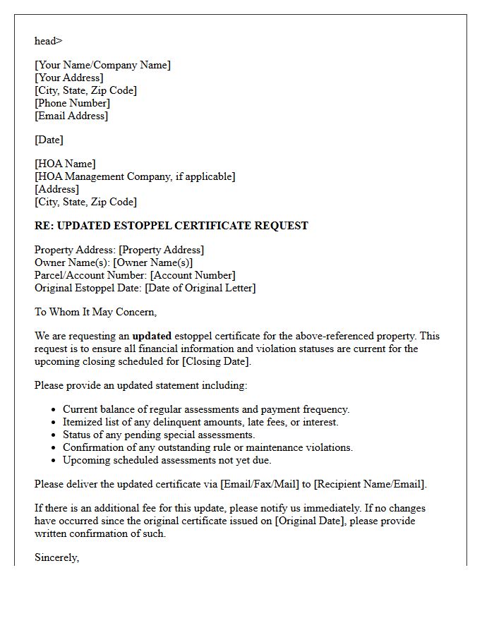 Updated Homeowners Association Estoppel Request Letter