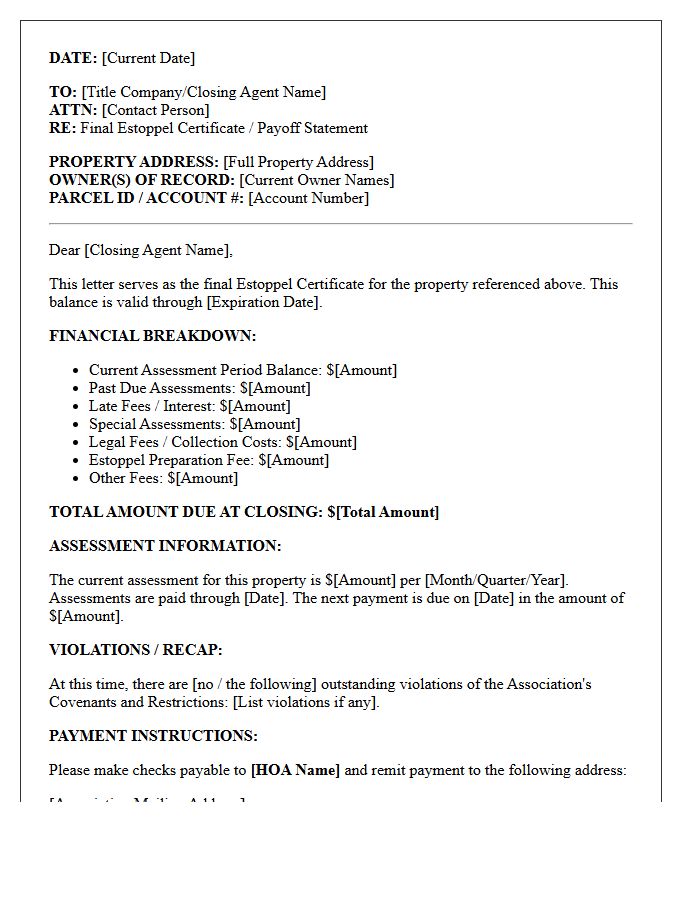 Final Homeowners Association Estoppel Balance Letter