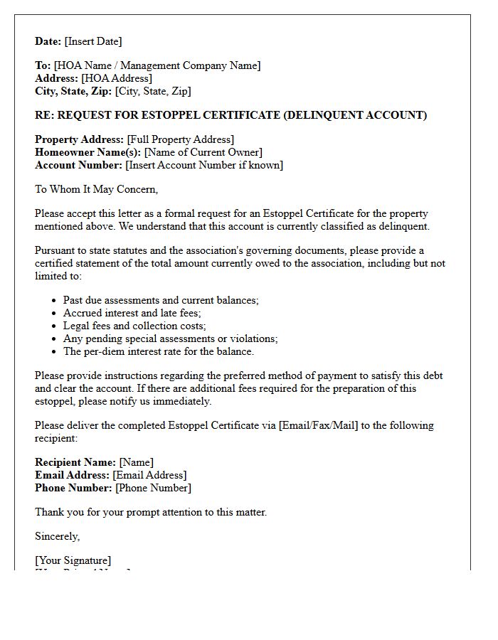 Delinquent Account Homeowners Association Estoppel Request Letter