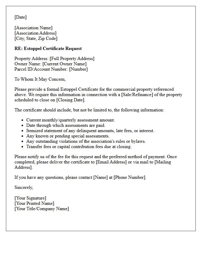 Commercial Property Association Estoppel Request Letter