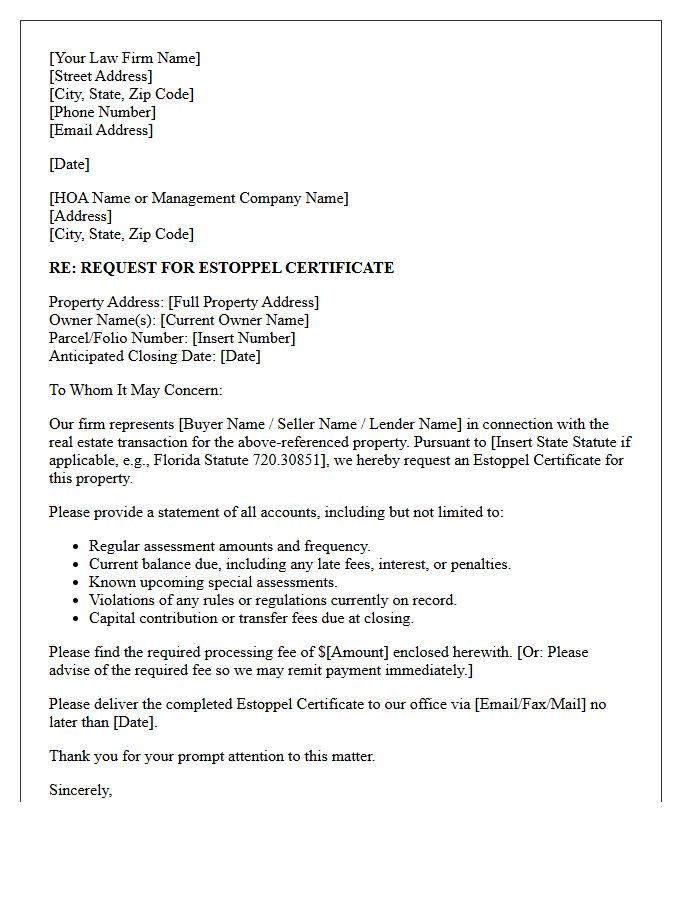 Legal Counsel Homeowners Association Estoppel Request Letter