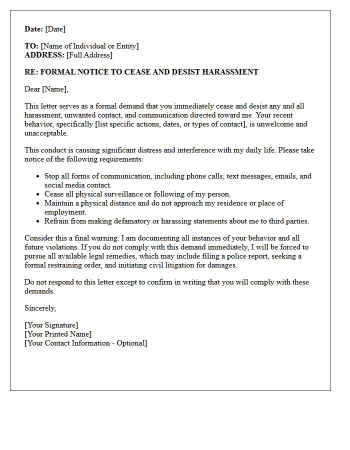 Protective Demand Letter to Halt Ongoing Harassment