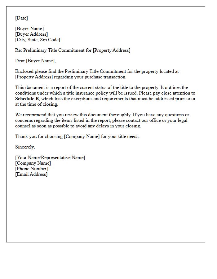 Buyer Preliminary Title Commitment Enclosure Letter