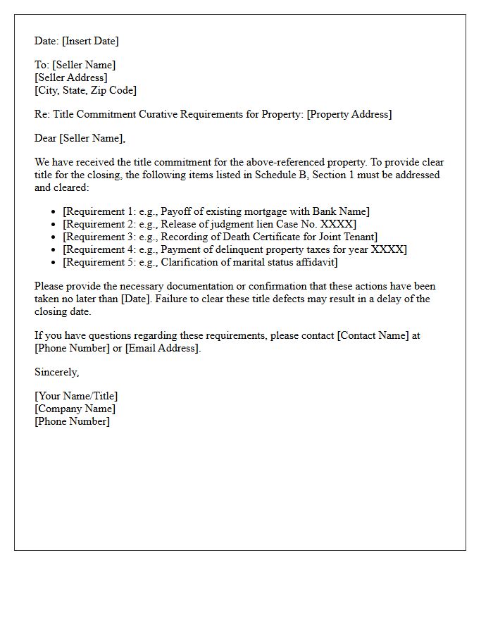 Seller Title Commitment Curative Action Letter