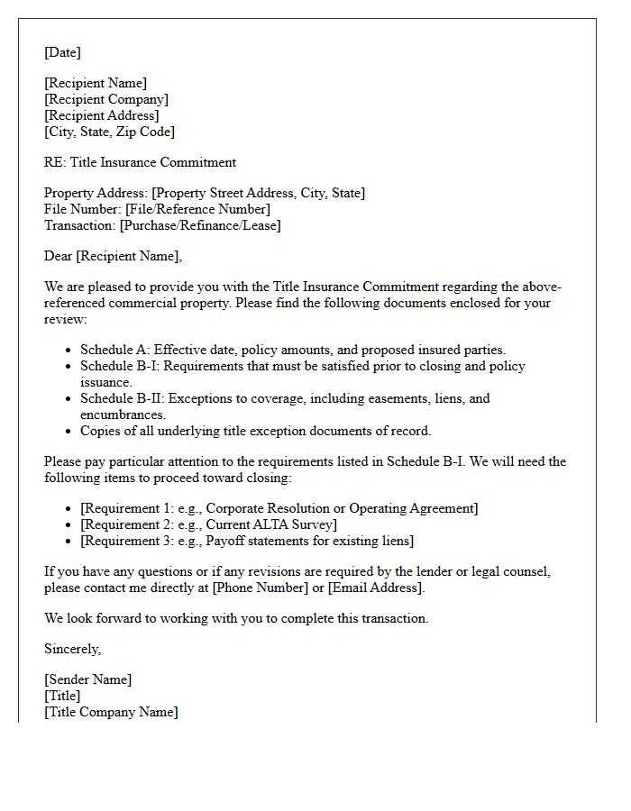 Commercial Real Estate Title Commitment Cover Letter