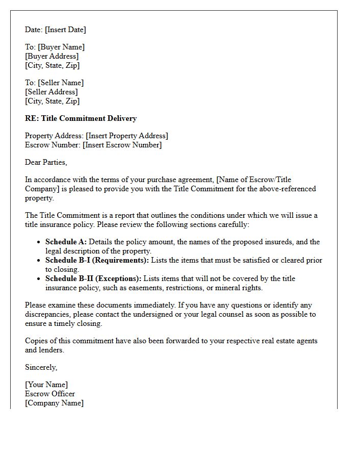 Escrow Agent Title Commitment Delivery Letter