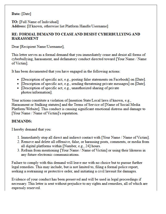 Formal Demand Letter for Cessation of Cyberbullying