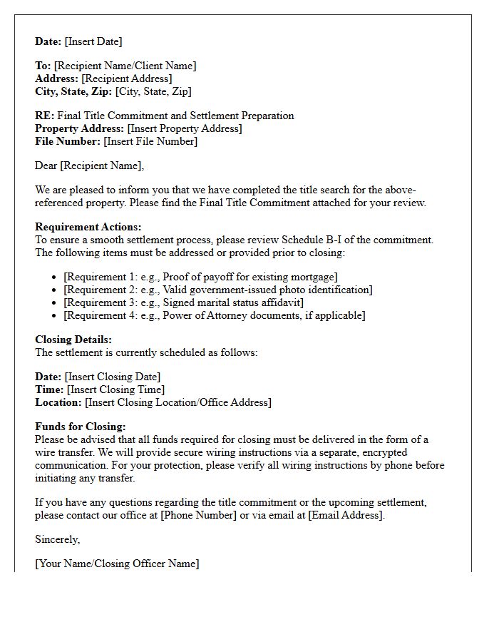 Final Title Commitment and Settlement Preparation Letter