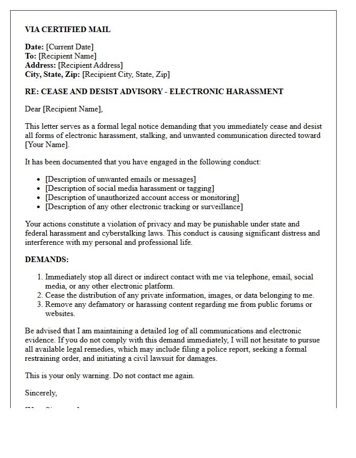 Electronic Harassment Cease and Desist Legal Letter