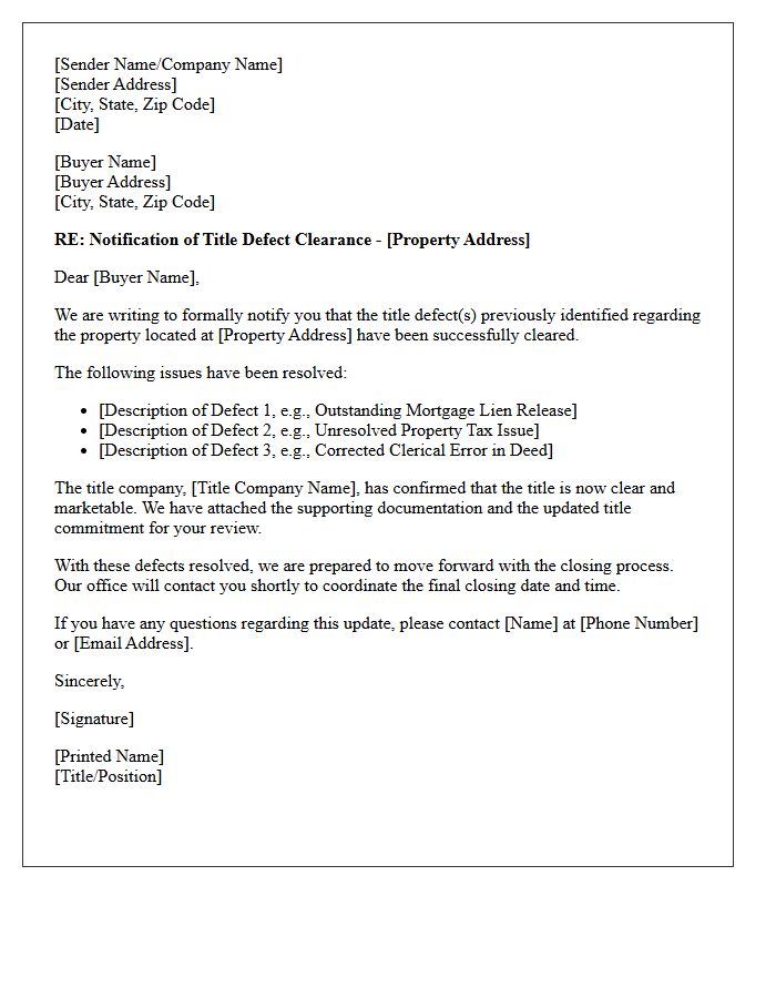 Buyer Notification Letter Regarding Title Defect Clearance