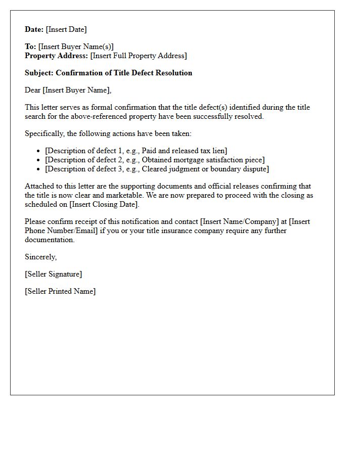 Seller Confirmation Letter For Title Defect Resolution