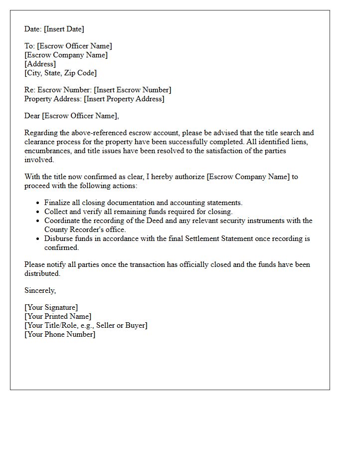 Escrow Authorization Letter Following Title Clearance