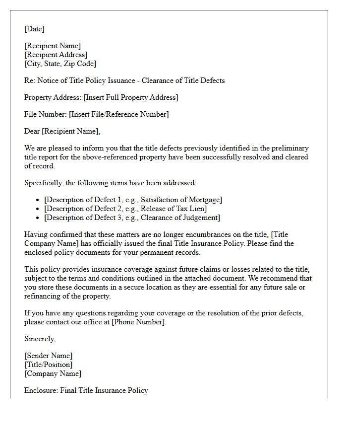 Title Insurance Issuance Letter Post Defect Clearance