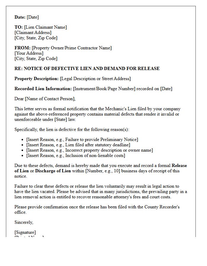 Mechanic Lien Defect Clearance Notification Letter