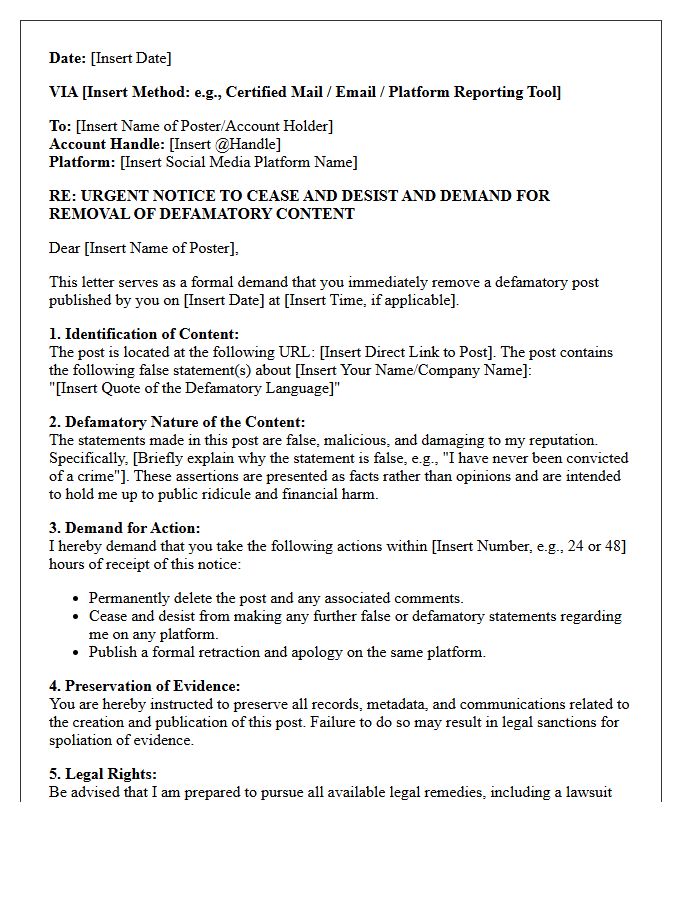 Defamatory Social Media Post Takedown Demand Letter