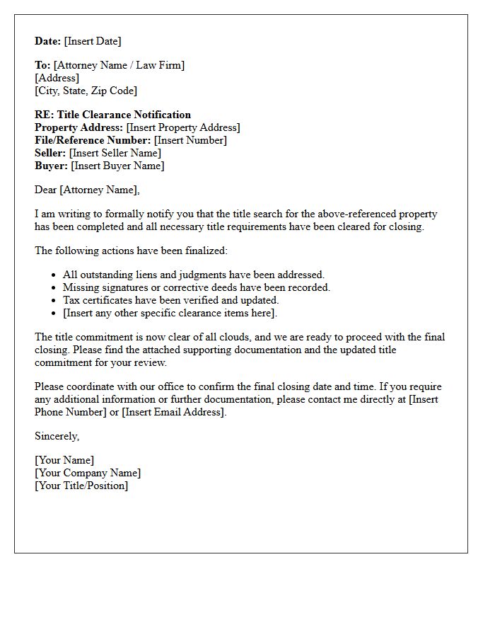 Closing Attorney Notification Letter For Title Clearance