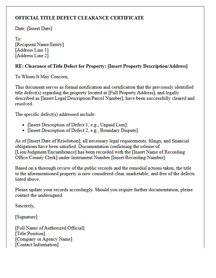 Official Title Defect Clearance Certificate Letter