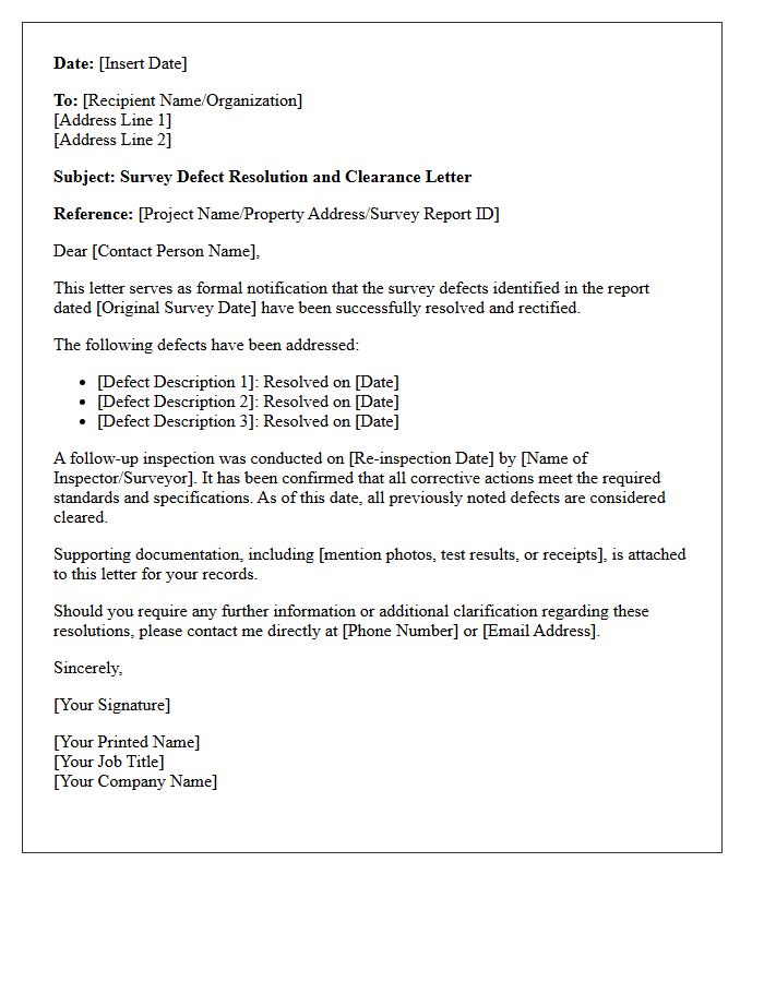 Survey Defect Resolution And Clearance Letter