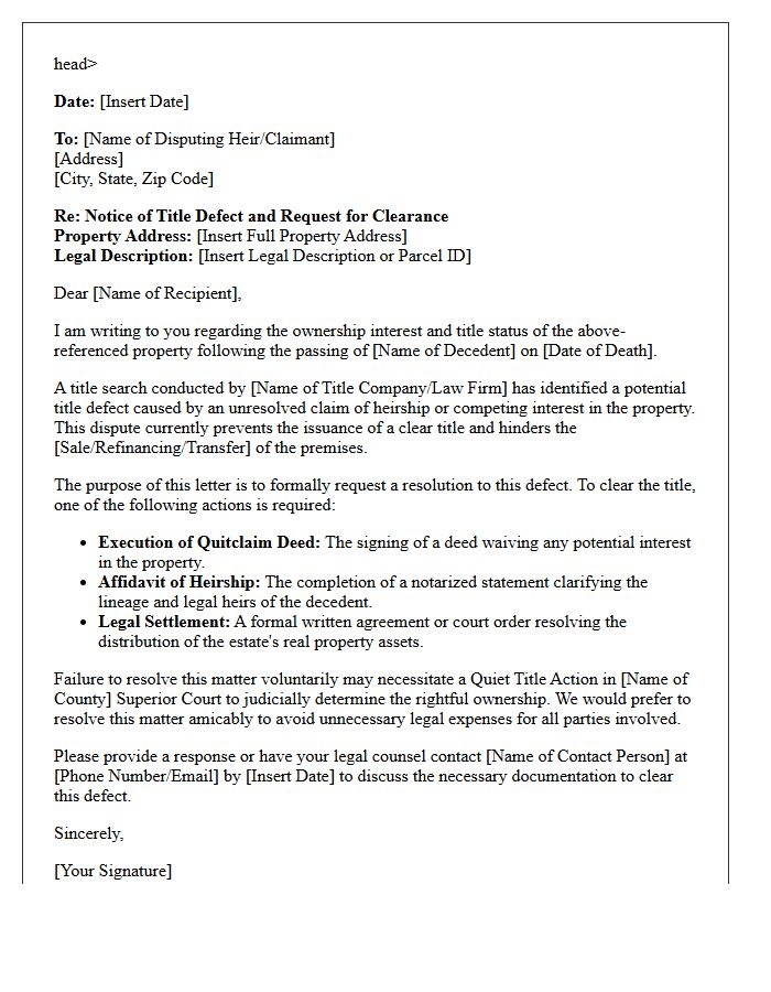 Heirship Dispute Title Defect Clearance Letter
