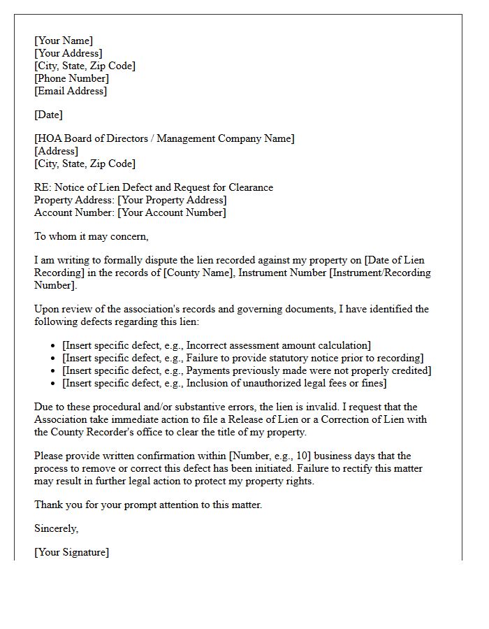Homeowner Association Lien Defect Clearance Letter