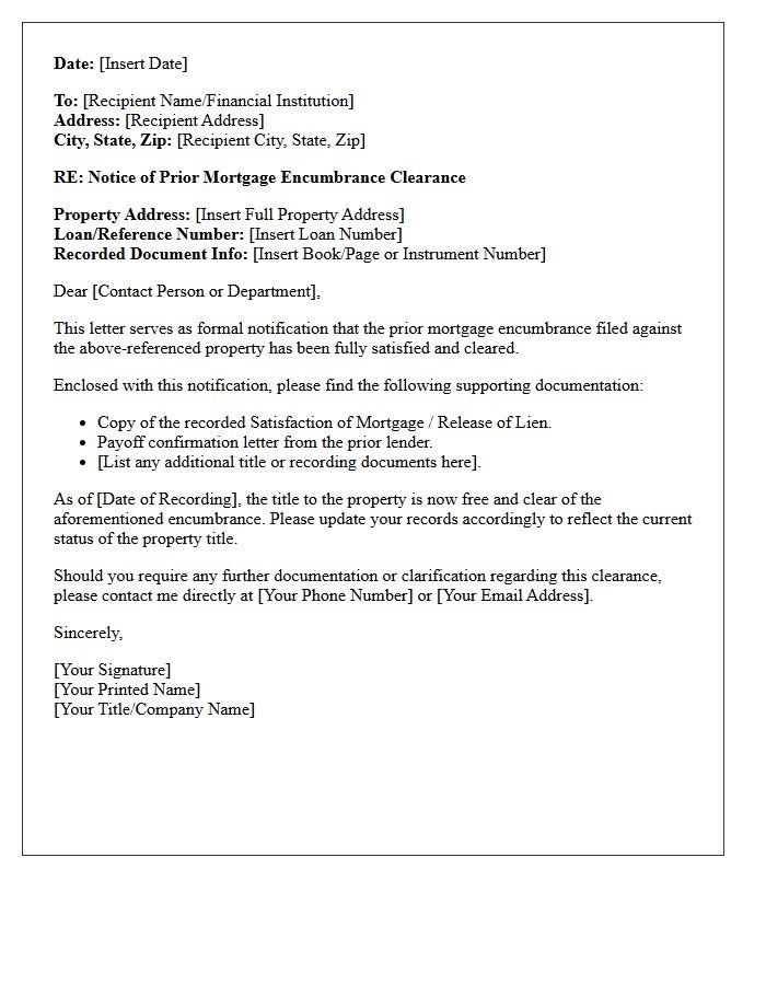 Prior Mortgage Encumbrance Clearance Notification Letter