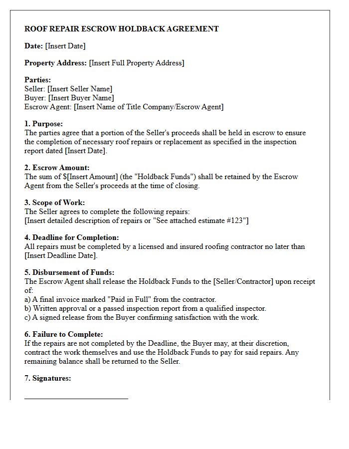 Roof Repair Escrow Holdback Agreement Letter