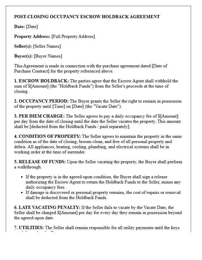 Post-Closing Occupancy Escrow Holdback Agreement Letter