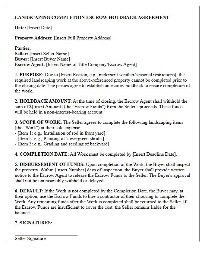 Landscaping Completion Escrow Holdback Agreement Letter