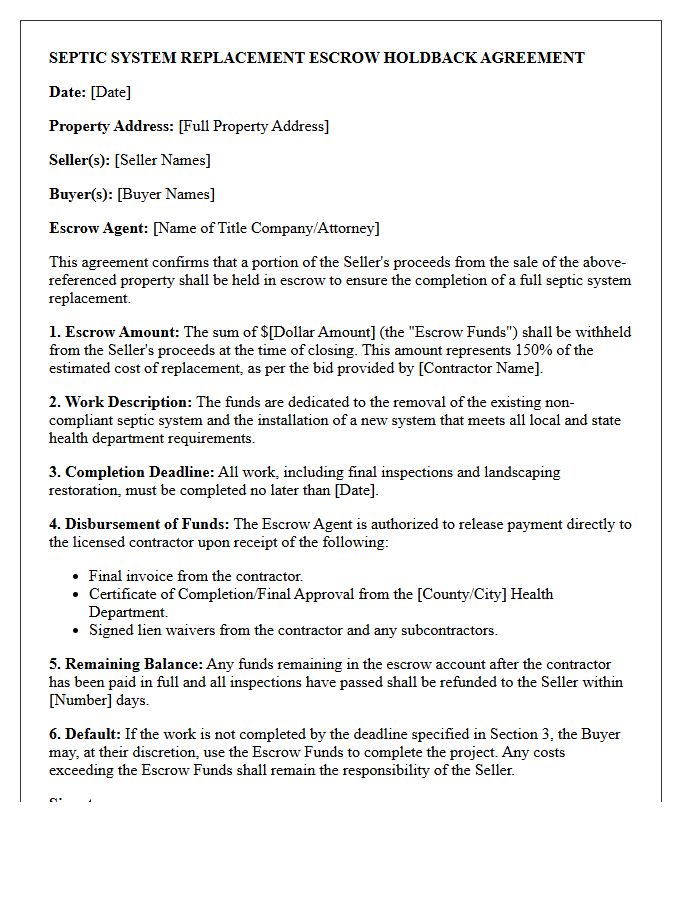 Septic System Replacement Escrow Holdback Agreement Letter