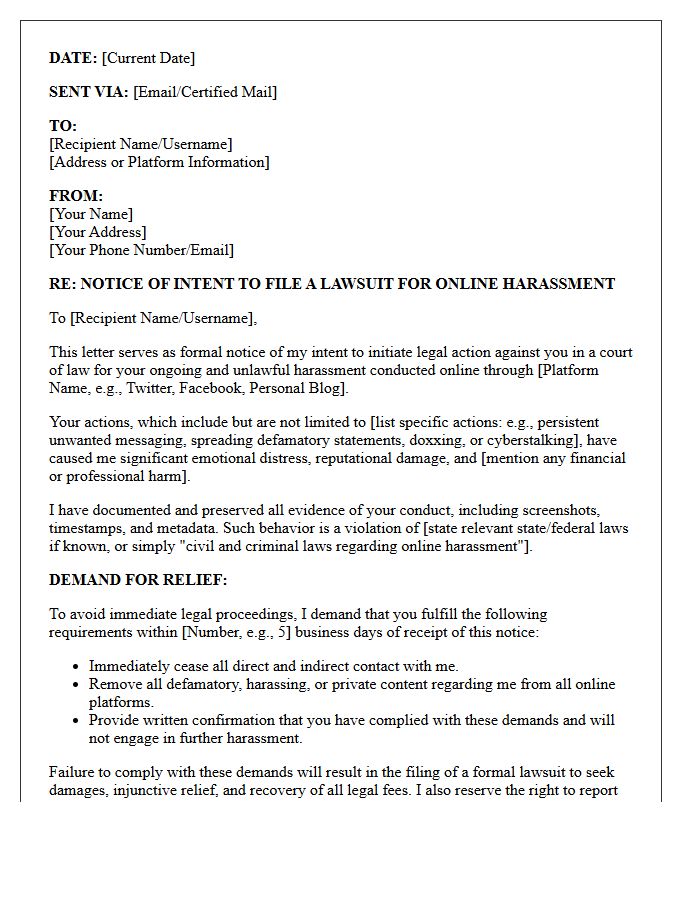 Notice of Intent to Sue for Online Harassment Letter