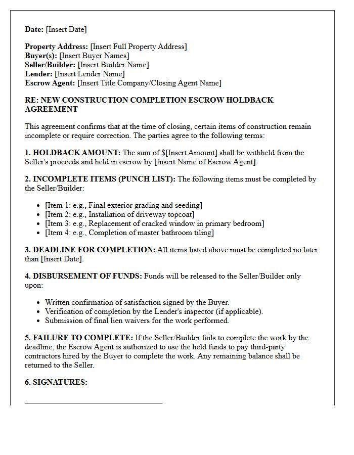 New Construction Completion Escrow Holdback Agreement Letter