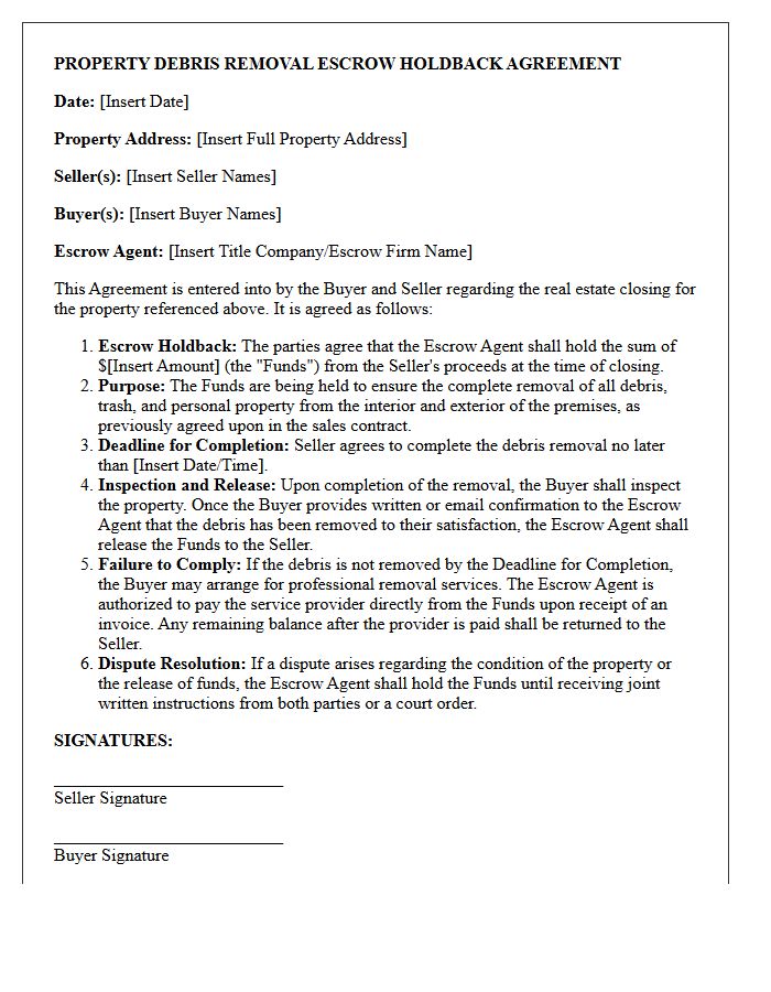Property Debris Removal Escrow Holdback Agreement Letter