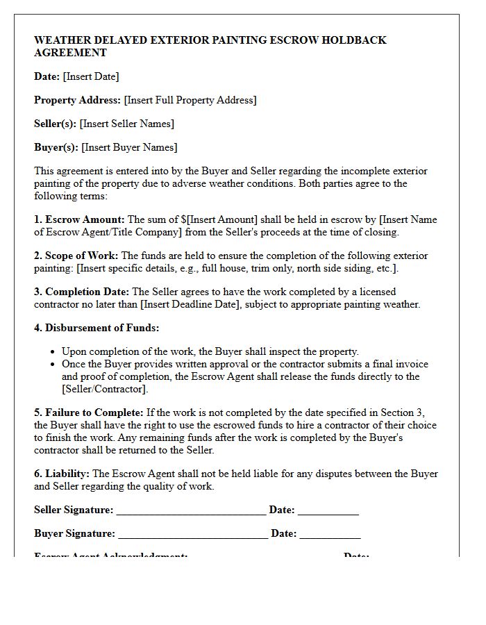 Weather Delayed Exterior Painting Escrow Holdback Agreement Letter
