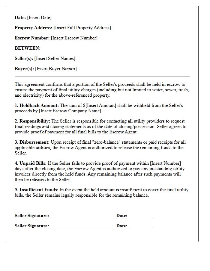 Outstanding Utility Bill Escrow Holdback Agreement Letter