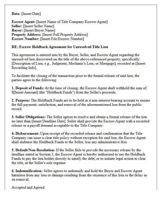 Unresolved Title Lien Escrow Holdback Agreement Letter