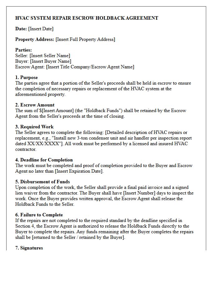 HVAC System Repair Escrow Holdback Agreement Letter