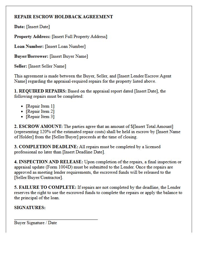 Appraisal Required Repair Escrow Holdback Agreement Letter