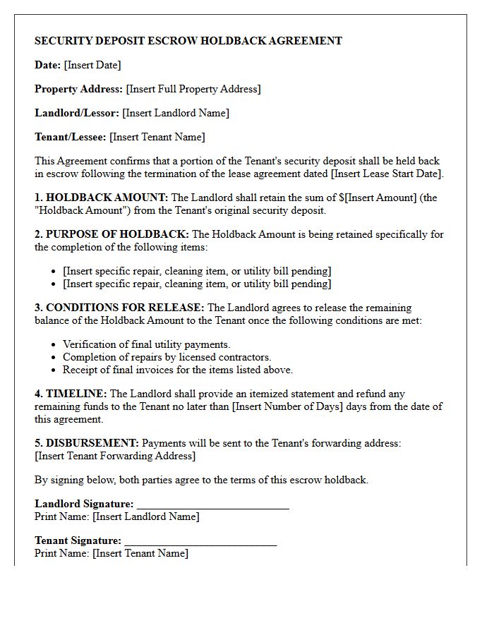 Tenant Security Deposit Escrow Holdback Agreement Letter