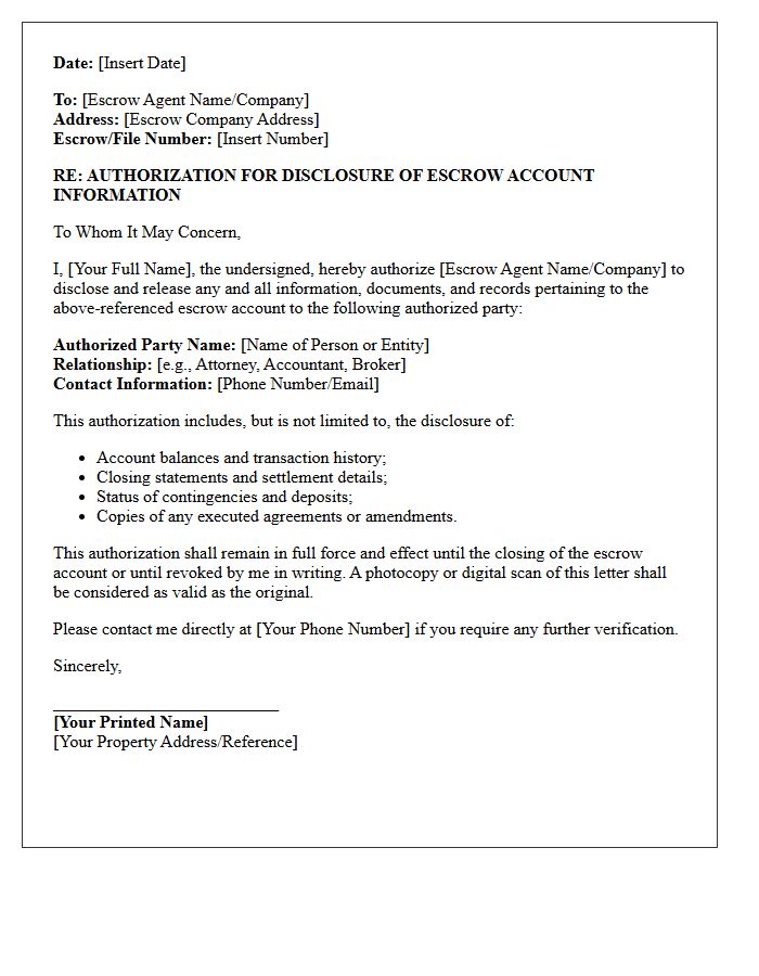 Letter of Authorization for Escrow Account Disclosure